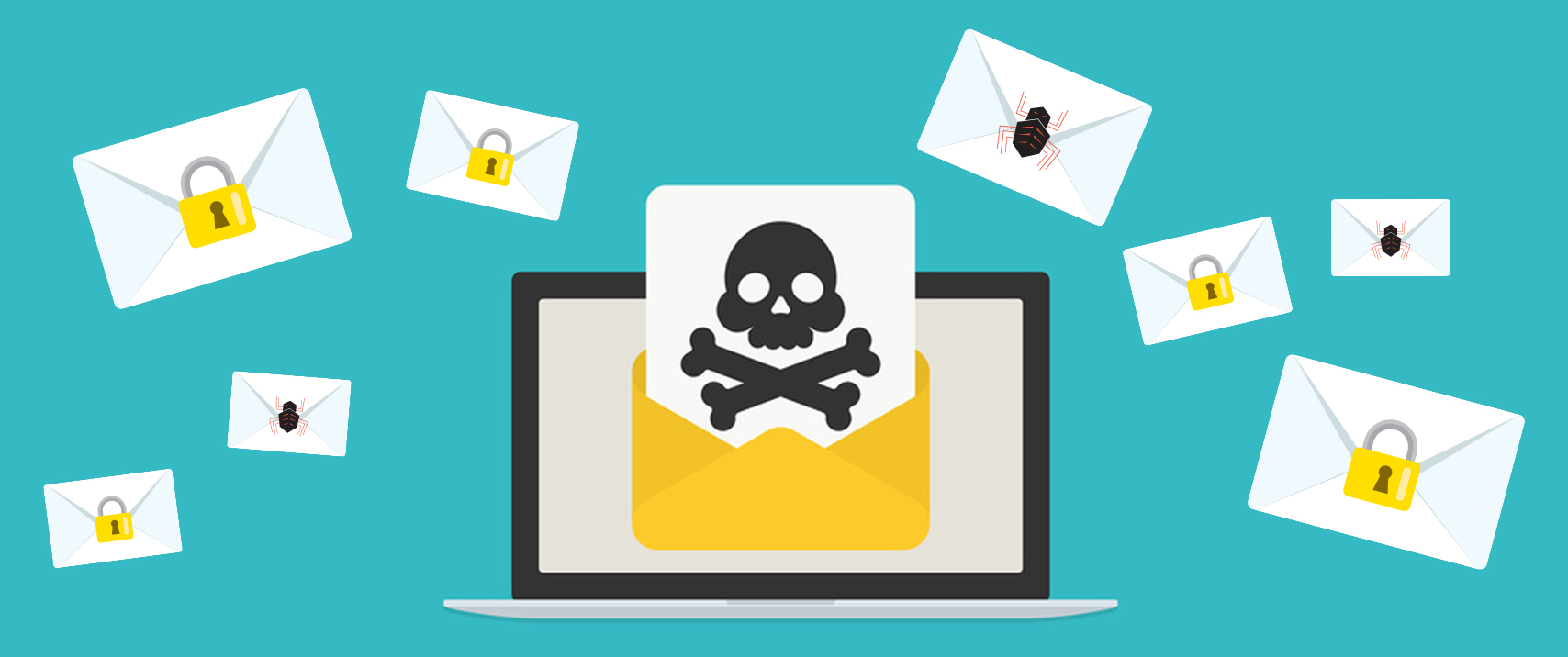 Email Envelops with Locks floating. Laptop with open email and skull on the letter as part of phishing Pen Test